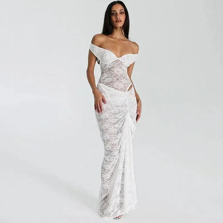 Vestito lungo donna con Spalle scoperte in pizzo e spacco