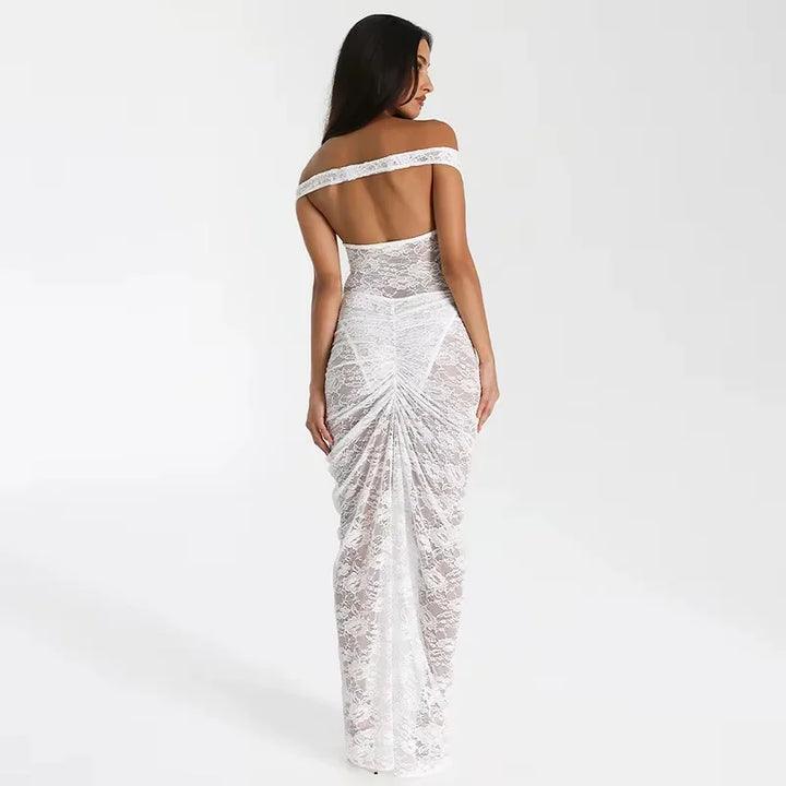 Vestito lungo donna con Spalle scoperte in pizzo e spacco