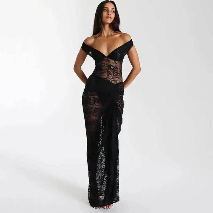 Vestito lungo donna con Spalle scoperte in pizzo e spacco