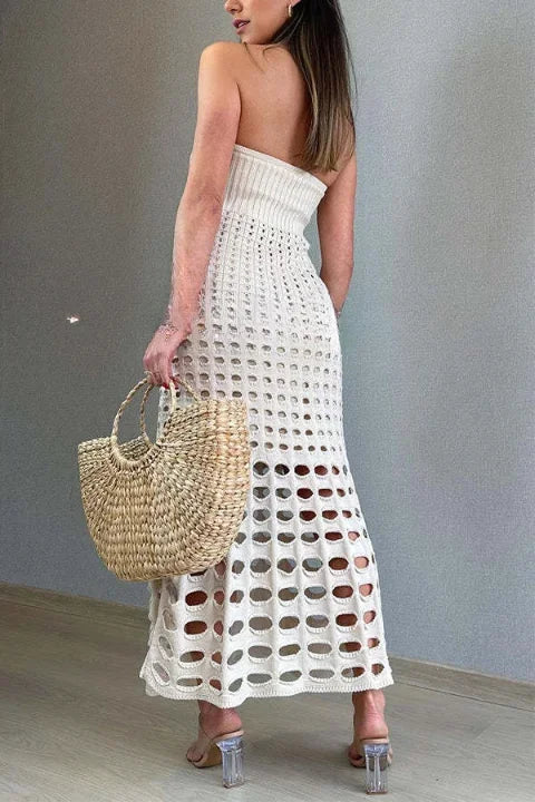 Vestito lungo donna in maglia traforata Spalle scoperte