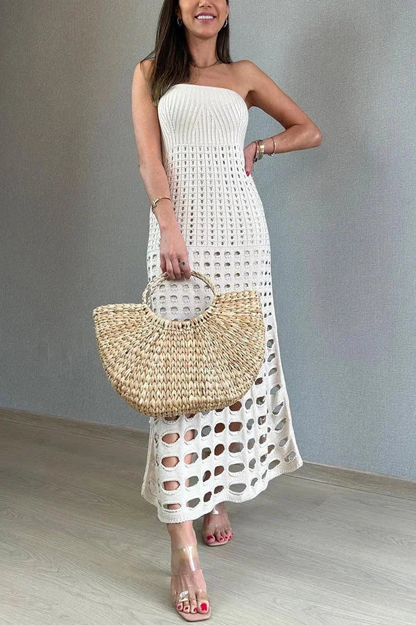 Vestito lungo donna in maglia traforata Spalle scoperte