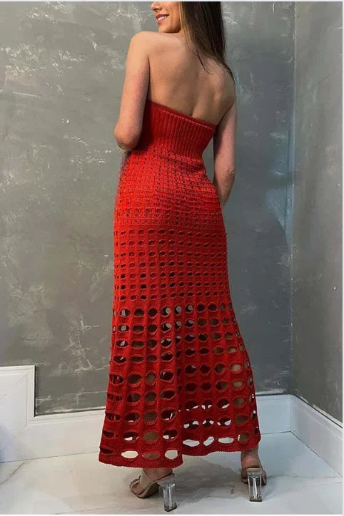 Vestito lungo donna in maglia traforata Spalle scoperte