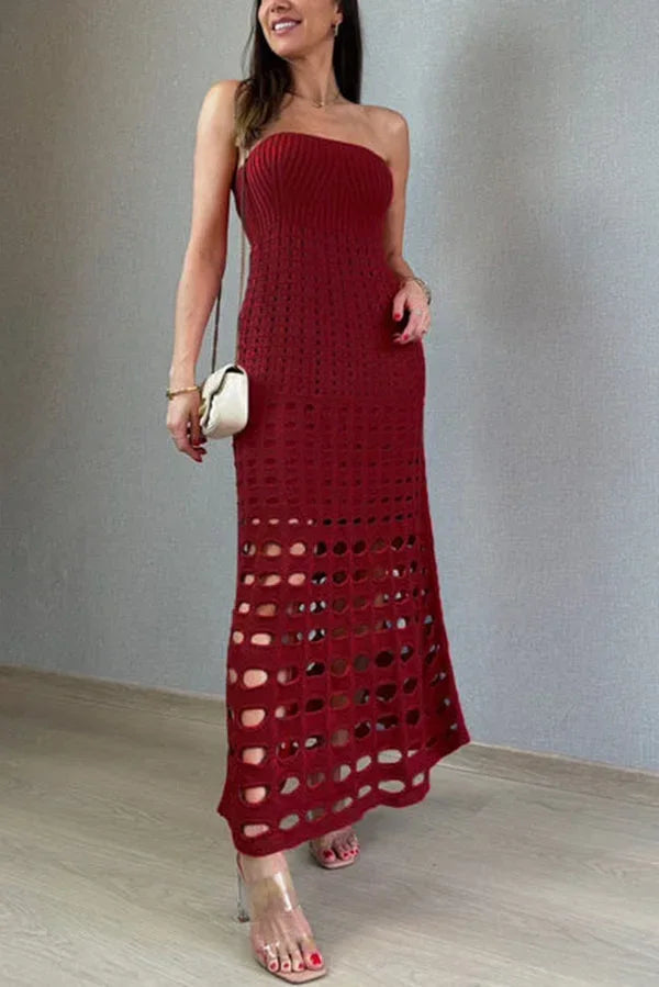 Vestito lungo donna in maglia traforata Spalle scoperte