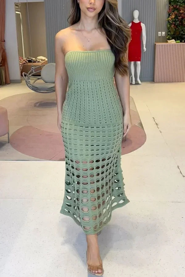 Vestito lungo donna in maglia traforata Spalle scoperte