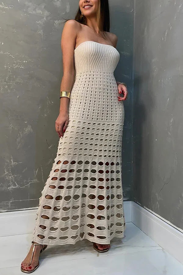 Vestito lungo donna in maglia traforata Spalle scoperte