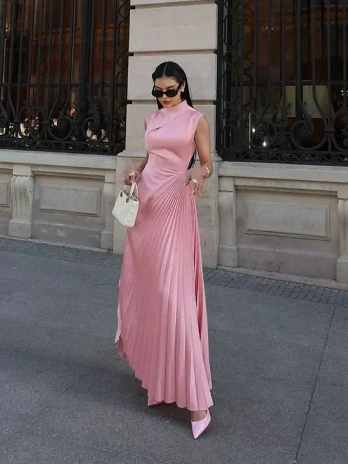 Vestito lungo donna rosa plissettato con scollo asimmetrico da cerimonia