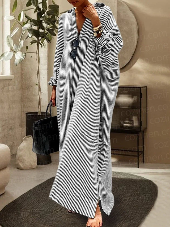 Vestito lungo donna a righe con scollo a V e maniche lunghe