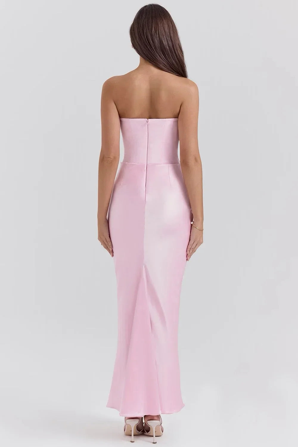 Vestito lungo donna bustier drappeggiato rosa senza spalline