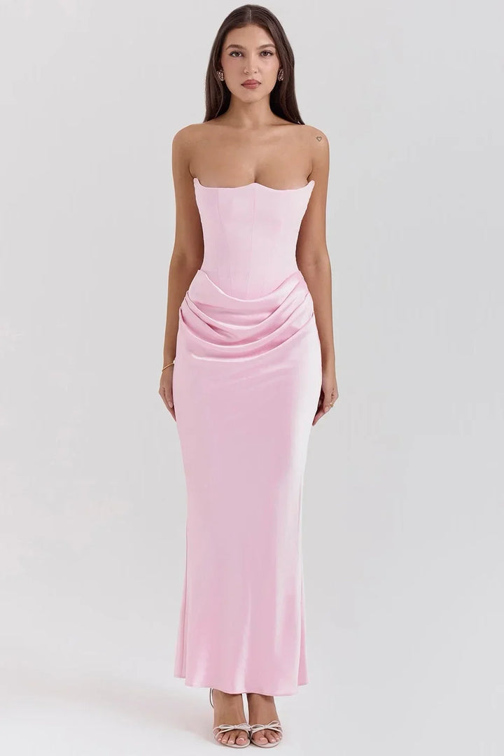 Vestito lungo donna bustier drappeggiato rosa senza spalline