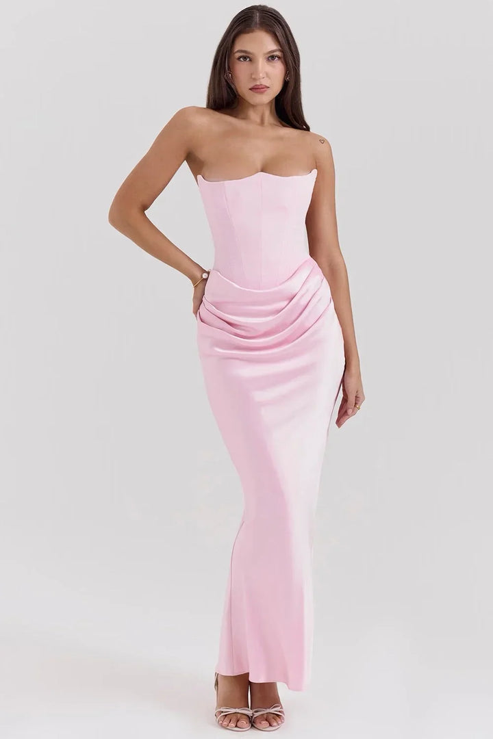 Vestito lungo donna bustier drappeggiato rosa senza spalline