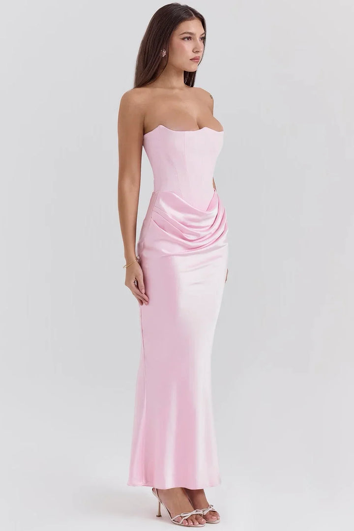 Vestito lungo donna bustier drappeggiato rosa senza spalline