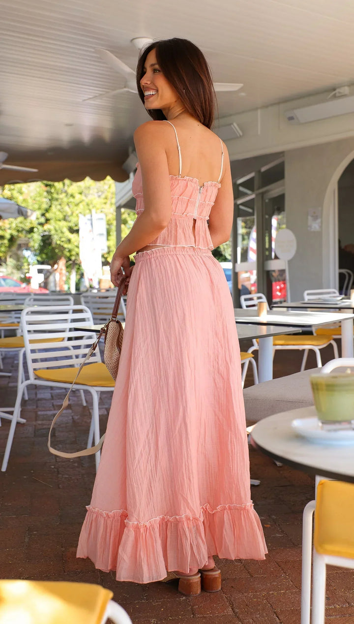 Vestito lungo rosa donna con volant e lacci estivo