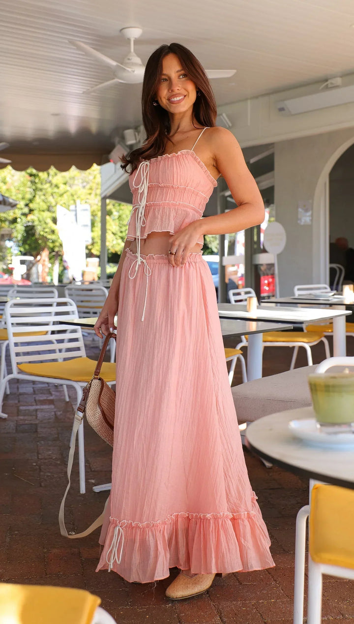 Vestito lungo rosa donna con volant e lacci estivo