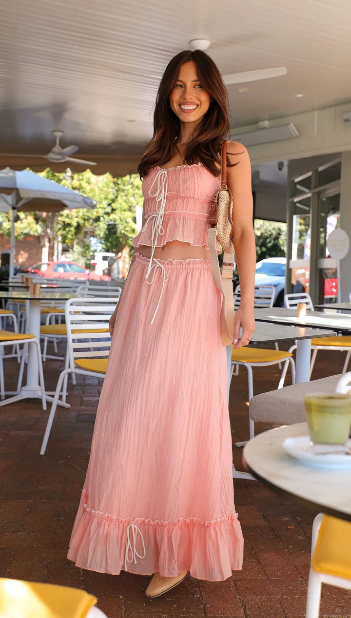 Vestito lungo rosa donna con volant e lacci estivo