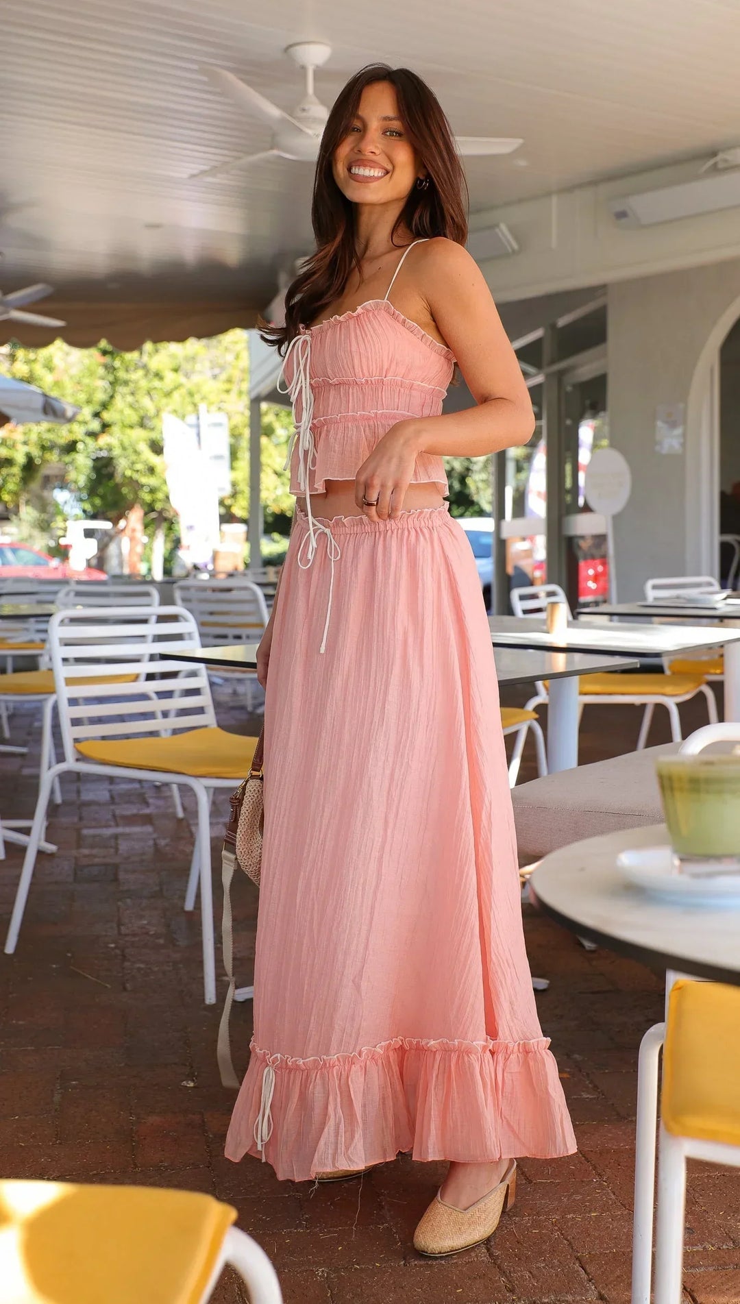 Vestito lungo rosa donna con volant e lacci estivo
