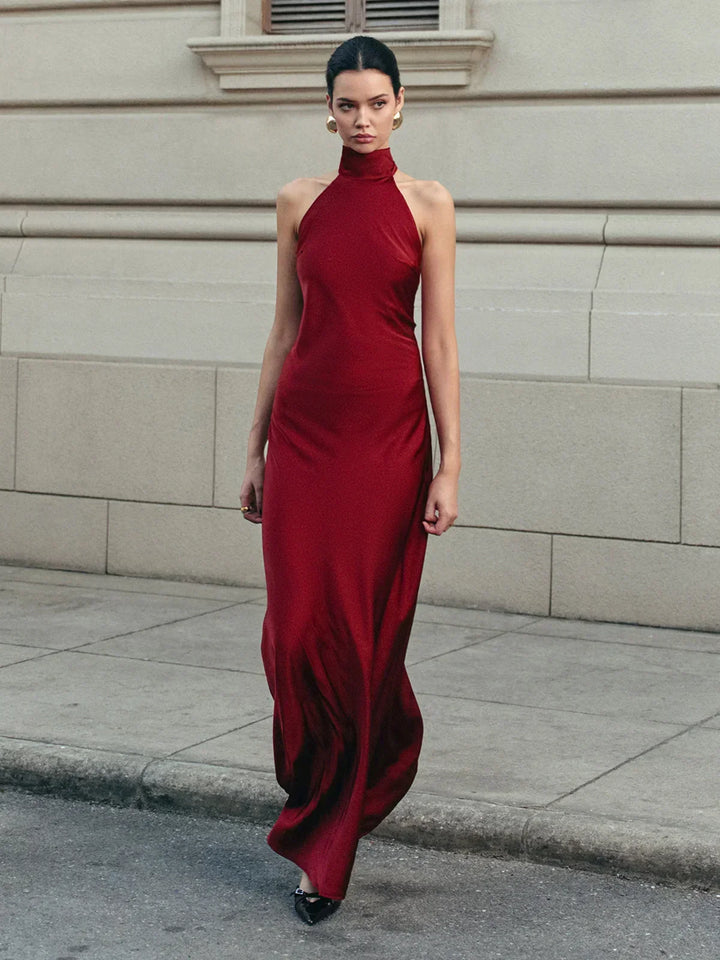 Vestito lungo donna rosso schiena nuda con fiocco lungo