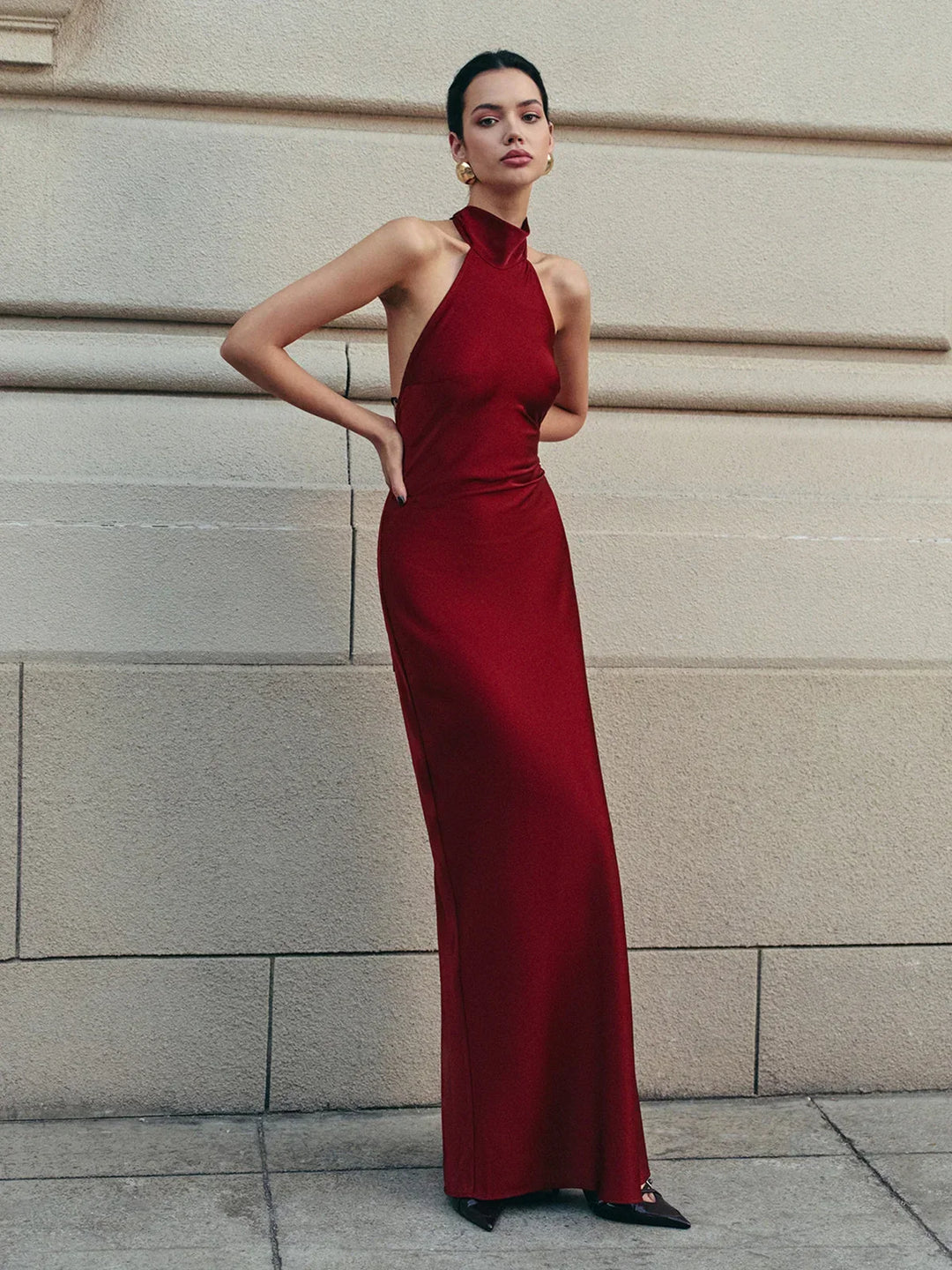 Vestito lungo donna rosso schiena nuda con fiocco lungo