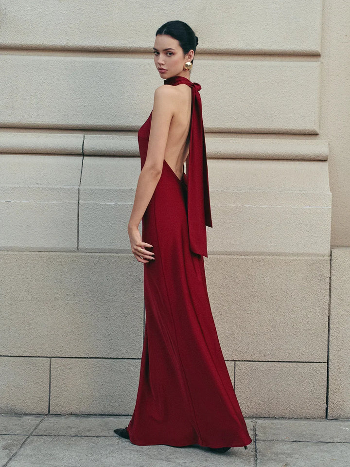 Vestito lungo donna rosso schiena nuda con fiocco lungo