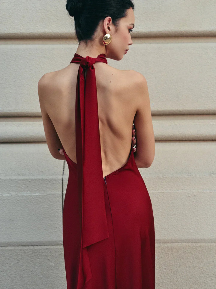 Vestito lungo donna rosso schiena nuda con fiocco lungo