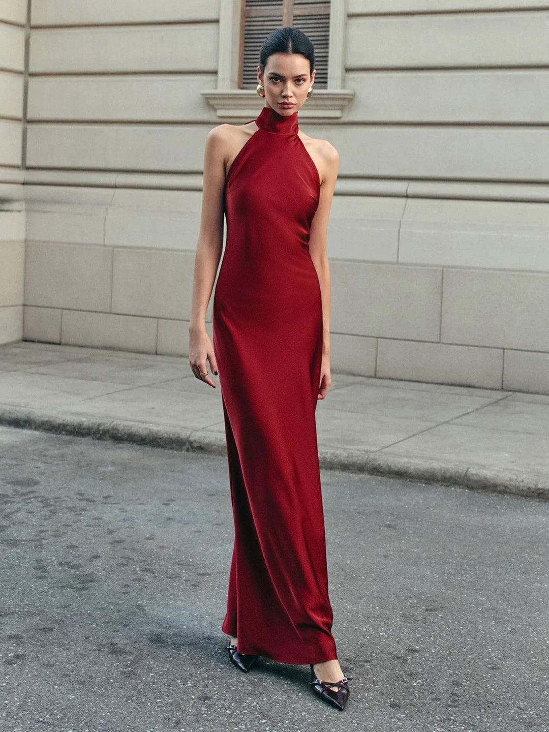 Vestito lungo donna rosso schiena nuda con fiocco lungo