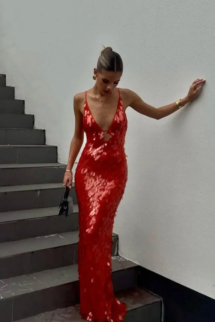 Vestito lungo donna rosso con paillettes spalline sottili da sera