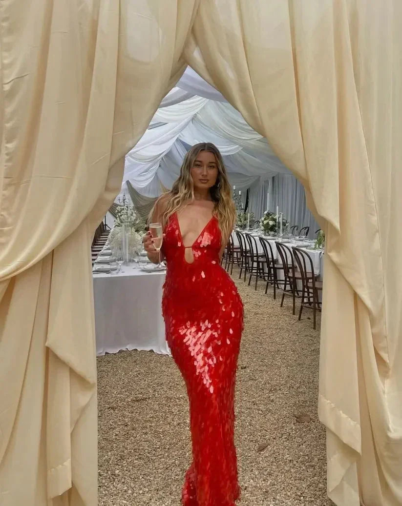 Vestito lungo donna rosso con paillettes spalline sottili da sera