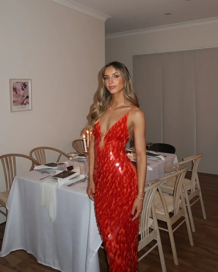 Vestito lungo donna rosso con paillettes spalline sottili da sera