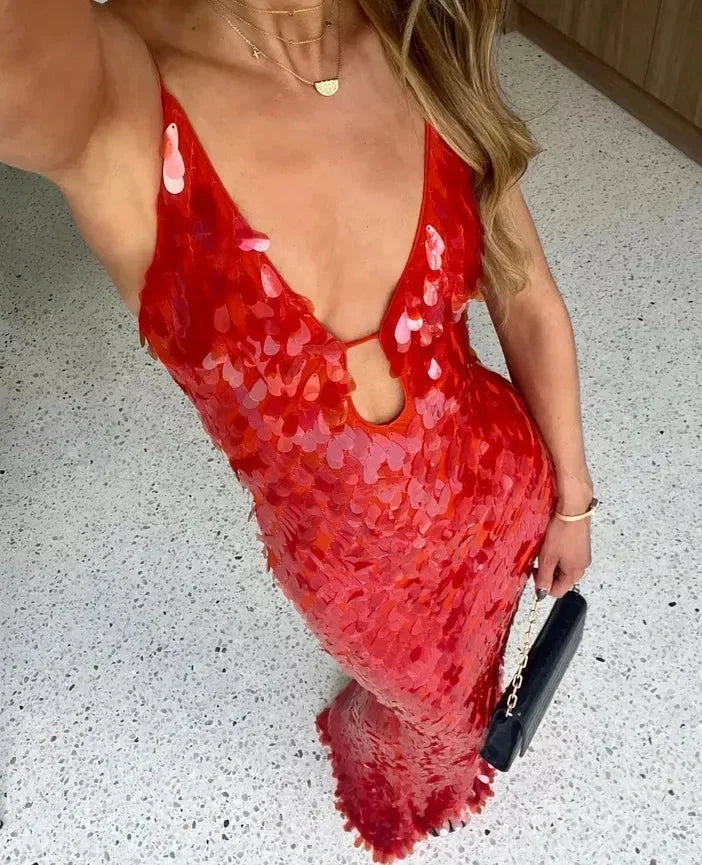 Vestito lungo donna rosso con paillettes spalline sottili da sera