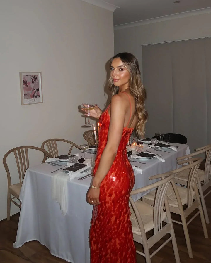 Vestito lungo donna rosso con paillettes spalline sottili da sera