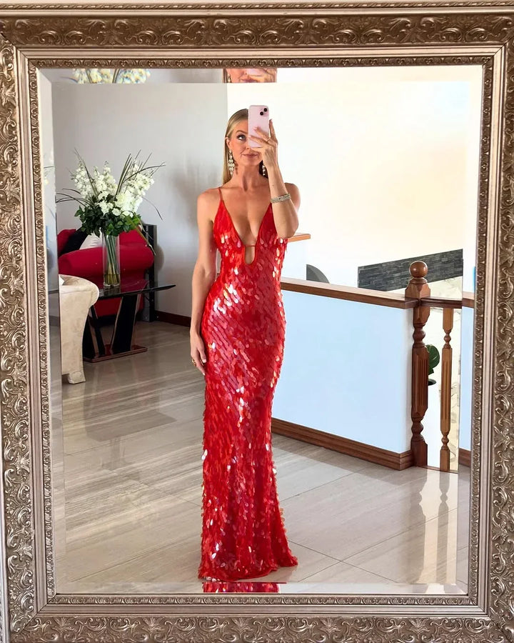 Vestito lungo donna rosso con paillettes spalline sottili da sera