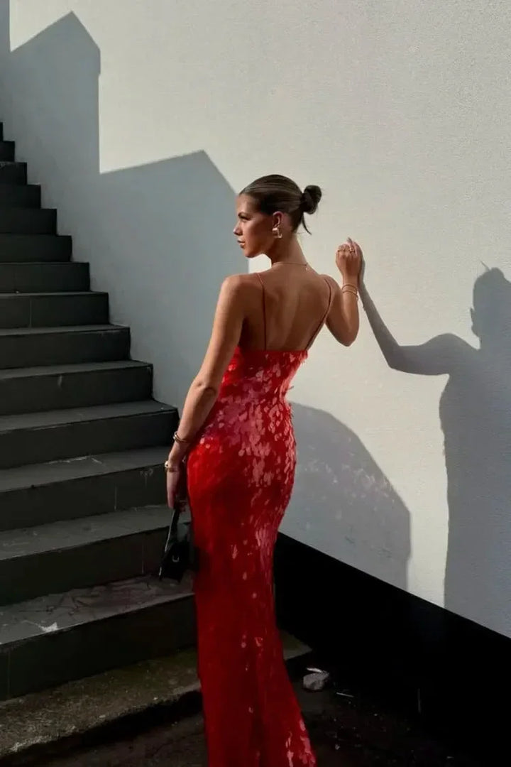 Vestito lungo donna rosso con paillettes spalline sottili da sera