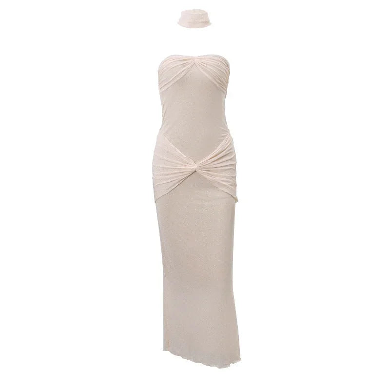 Vestito lungo donna senza bretelle con dettagli drappeggiati