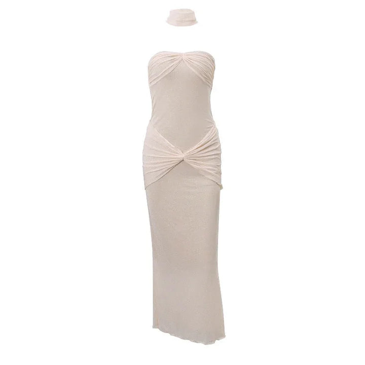 Vestito lungo donna senza bretelle con dettagli drappeggiati