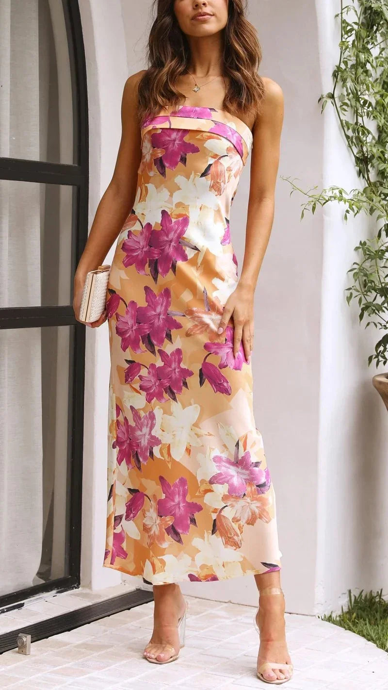 Vestito lungo donna senza bretelle con motivo floreale