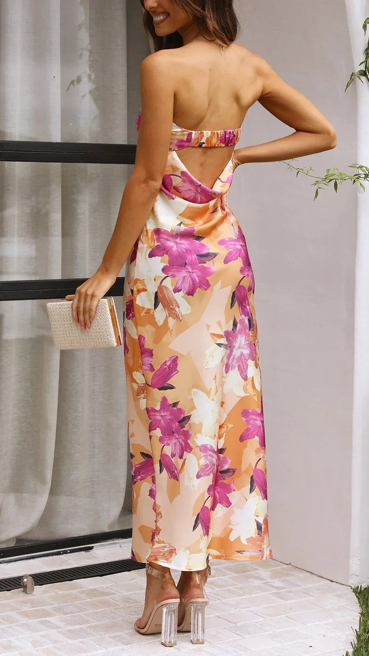 Vestito lungo donna senza bretelle con motivo floreale