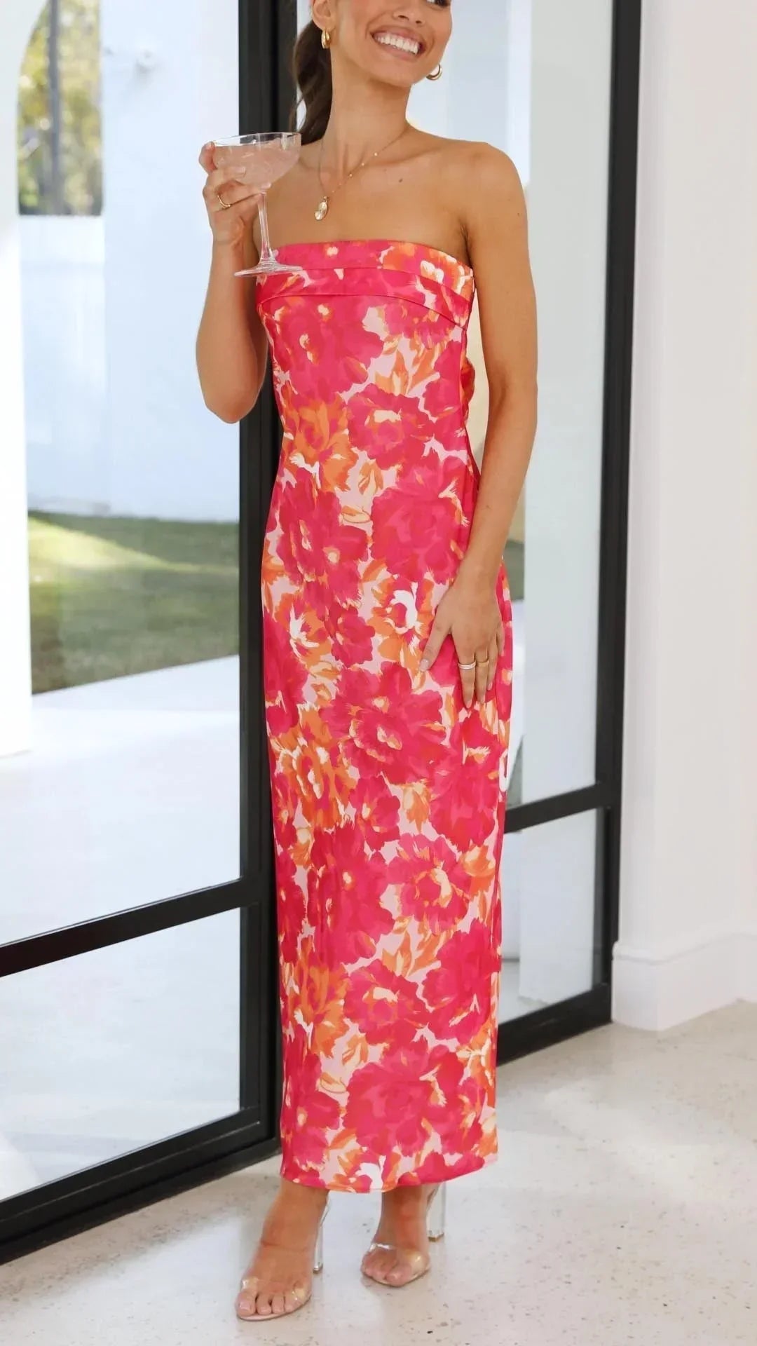 Vestito lungo donna senza bretelle con motivo floreale