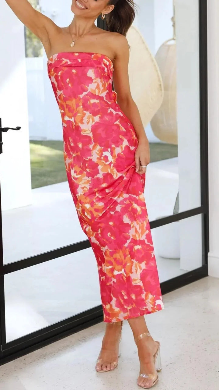 Vestito lungo donna senza bretelle con motivo floreale