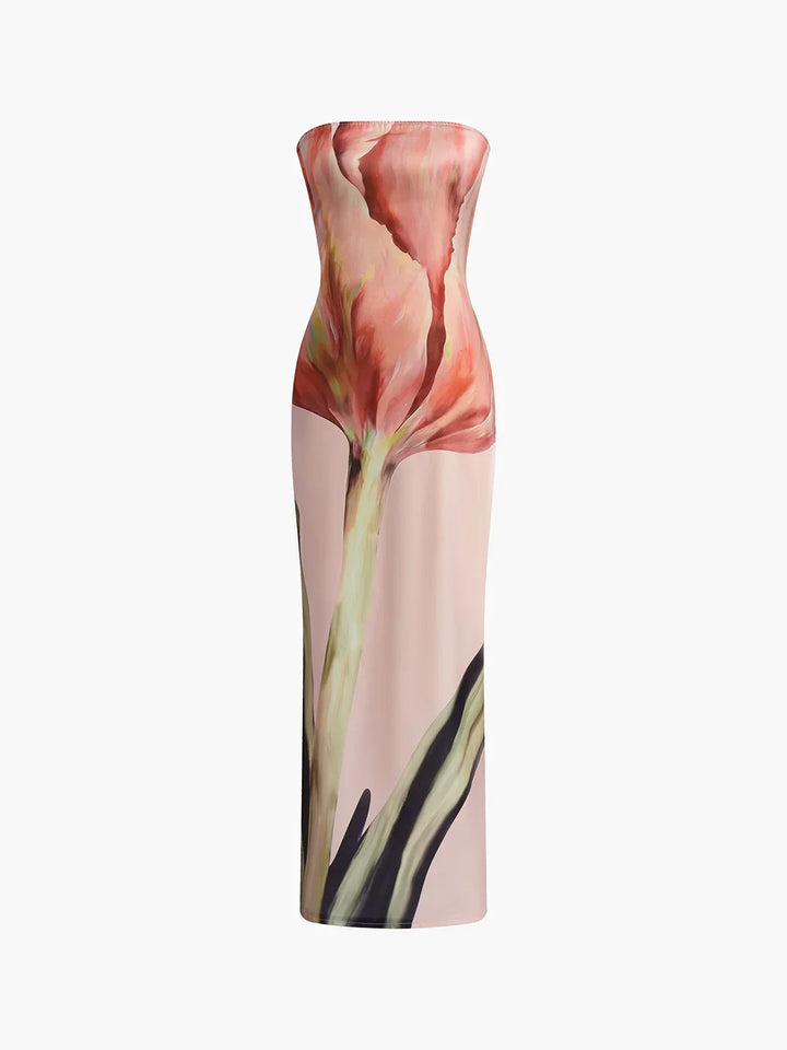 Vestito lungo floreale senza spalline con motivo arancione