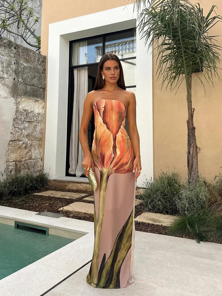 Vestito lungo floreale senza spalline con motivo arancione