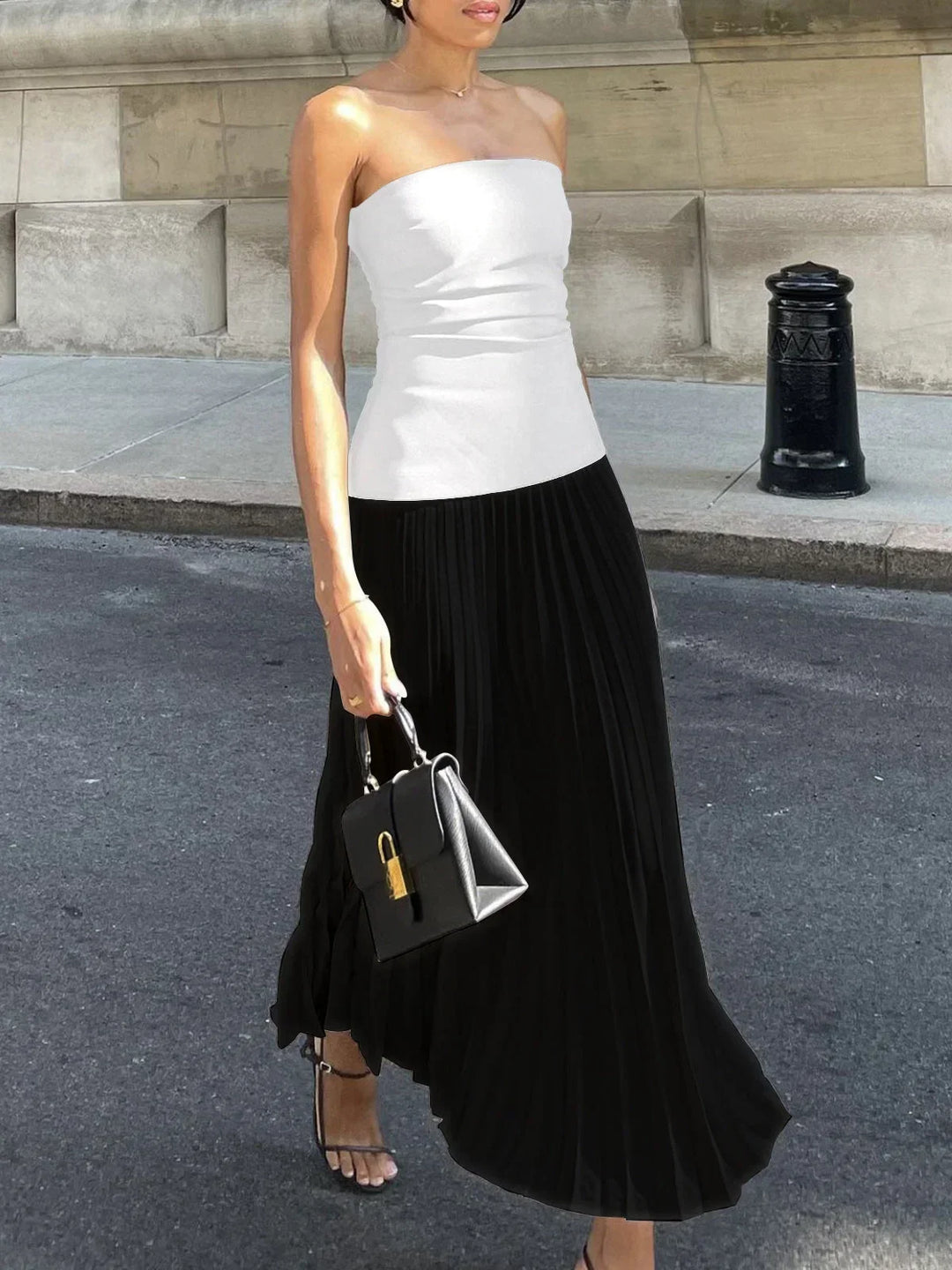 Vestito lungo donna senza bretelle con gonna plissettata