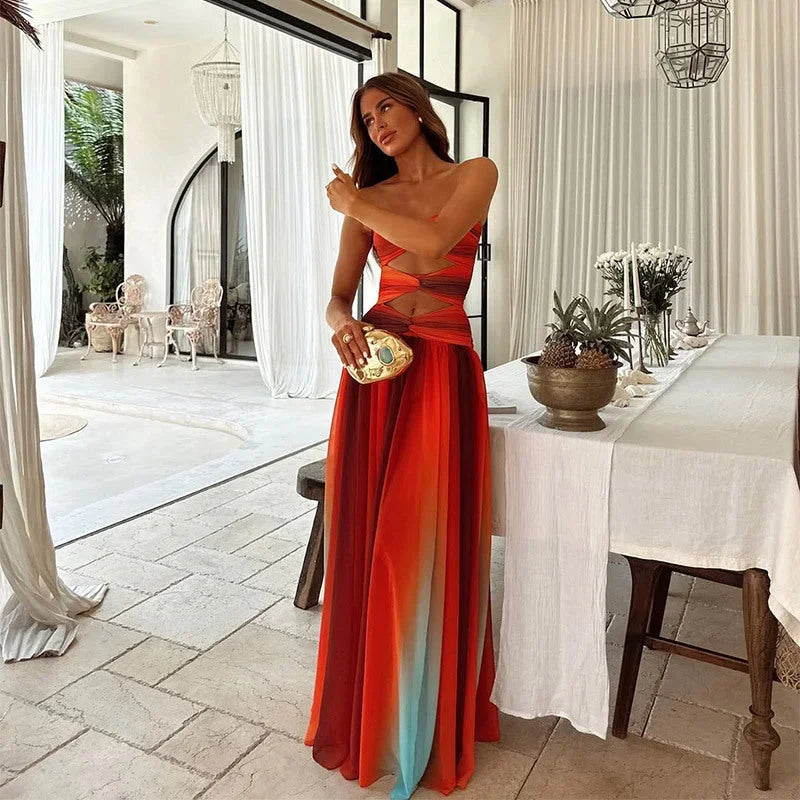 Vestito lungo donna senza spalline rosso e arancione estivo