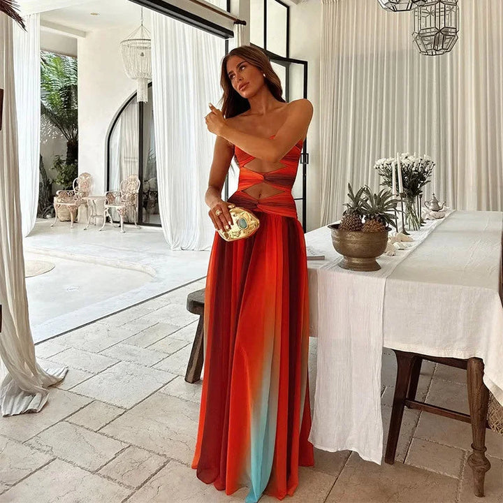 Vestito lungo donna senza spalline rosso e arancione estivo