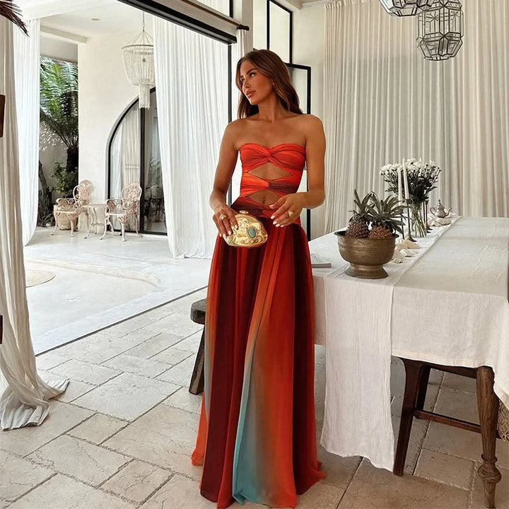 Vestito lungo donna senza spalline rosso e arancione estivo