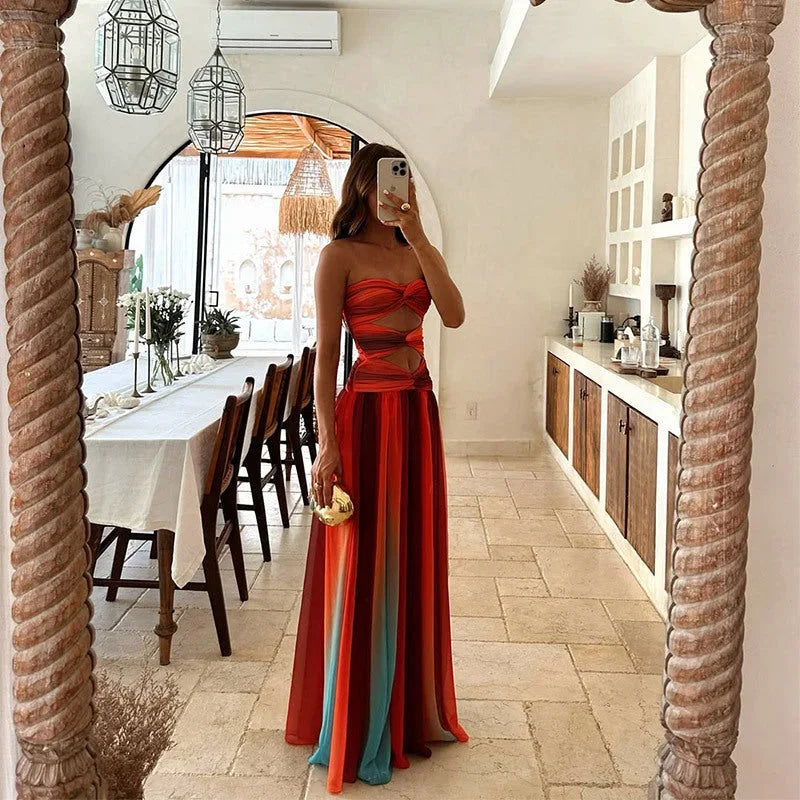Vestito lungo donna senza spalline rosso e arancione estivo
