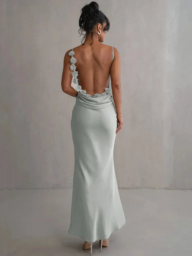 Vestito lungo schiena nuda grigio a fiori con bretelline