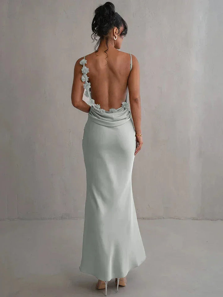 Vestito lungo schiena nuda grigio a fiori con bretelline