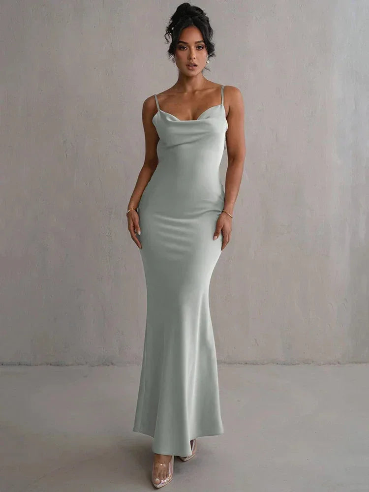 Vestito lungo schiena nuda grigio a fiori con bretelline