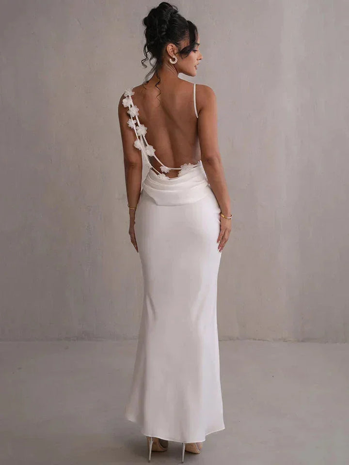 Vestito lungo schiena nuda grigio a fiori con bretelline