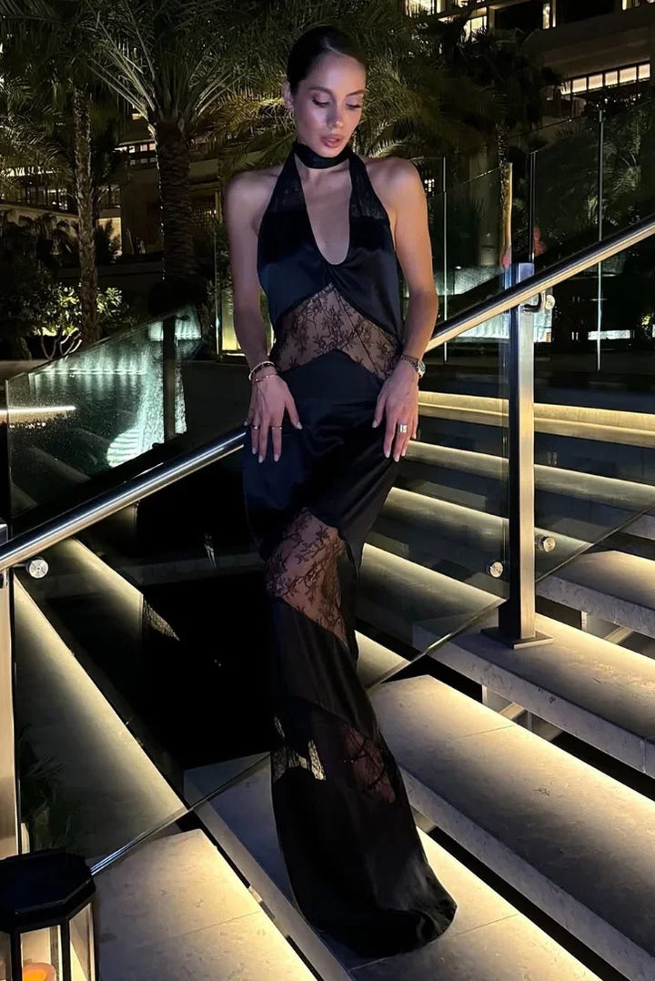 Vestito lungo da sera schiena nuda con dettagli in pizzo