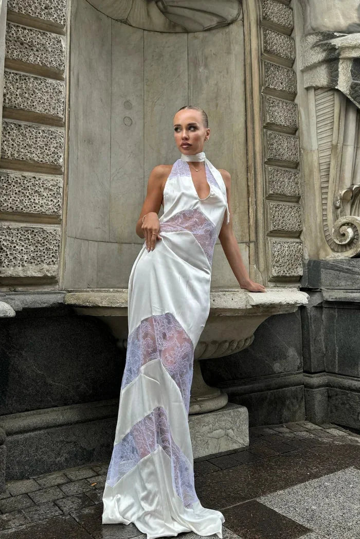 Vestito lungo da sera schiena nuda con dettagli in pizzo